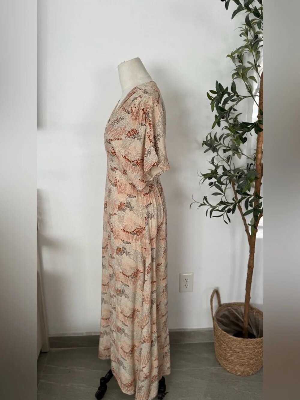 PAMPELONE - Boho Abstract Print Maxi Dress M Linen Rayon Blend Flowy Neutral - Picture 3 of 4